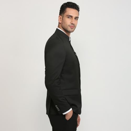 Raymond Men Regular Fit Solid Pattern Polyester Viscose Elastane Blend Stand Collar Full Sleeve Festive Jacket Black - Image 3
