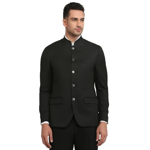 Raymond Men Regular Fit Solid Pattern Polyester Viscose Elastane Blend Stand Collar Full Sleeve Festive Jacket Black - Image 1