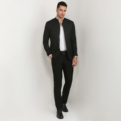 Raymond Men Regular Fit Solid Pattern Polyester Viscose Elastane Blend Stand Collar Full Sleeve Festive Jacket Black - Image 5