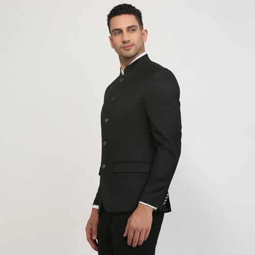 Raymond Men Regular Fit Solid Pattern Polyester Viscose Elastane Blend Stand Collar Full Sleeve Festive Jacket Black - Image 2