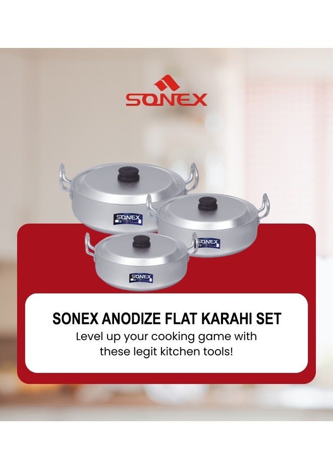 SONEX طقم 3 قطع من مقلاة سونكس كاراهي المسطحة المؤكسدة - مقلاة ألمنيوم فاخرة مع أغطية، تسخين متساوي، هيكل متين، مقابض مريحة مع مقابض من الباكليت، آمنة للاستخدام في غسالة الأطباق، مقاسات 22، 24.5، 27 سم - Image 3