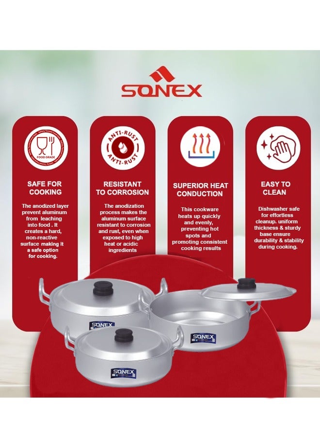 SONEX طقم 3 قطع من مقلاة سونكس كاراهي المسطحة المؤكسدة - مقلاة ألمنيوم فاخرة مع أغطية، تسخين متساوي، هيكل متين، مقابض مريحة مع مقابض من الباكليت، آمنة للاستخدام في غسالة الأطباق، مقاسات 22، 24.5، 27 سم - Image 4