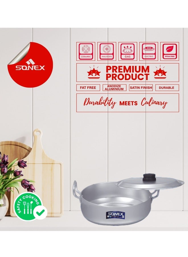 SONEX طقم 3 قطع من مقلاة سونكس كاراهي المسطحة المؤكسدة - مقلاة ألمنيوم فاخرة مع أغطية، تسخين متساوي، هيكل متين، مقابض مريحة مع مقابض من الباكليت، آمنة للاستخدام في غسالة الأطباق، مقاسات 22، 24.5، 27 سم - Image 5