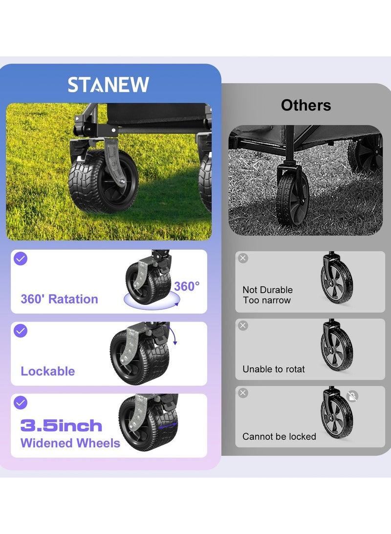 عربة ترولي متعددة الاستخدامات قابلة للطي، عربة حديقة/عربة شاطئ قابلة للطي للخدمة الشاقة STANEW، عربة حديقة/عربة شاطئ قابلة للطي بسعة وزن 330 رطل، عربة بقالة خارجية بمقبض قابل للتعديل ومكابح لعربة النزهة الصحراوية (أسود) - Image 4