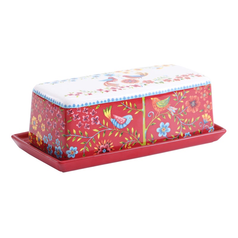 Bico Red Spring Bird Ceramic Butter Dish with Lid Butter Keeper for Counter Kitchen Dishwasher Safe