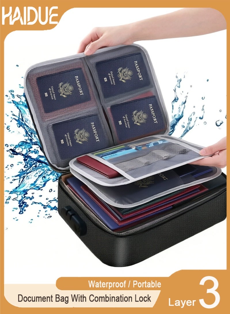 Haidue 3 Layer Document Bag With Combination Lock and Water Resistant Zipper Document Safe Portable Travel Home Organizer Bag - Image 1