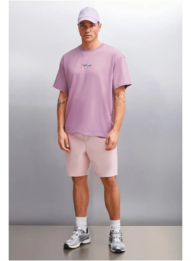 جريميلانج Jake Men's 100% Organic Cotton Heavy Texture Printed Detail Oversize Plum T-Shirt