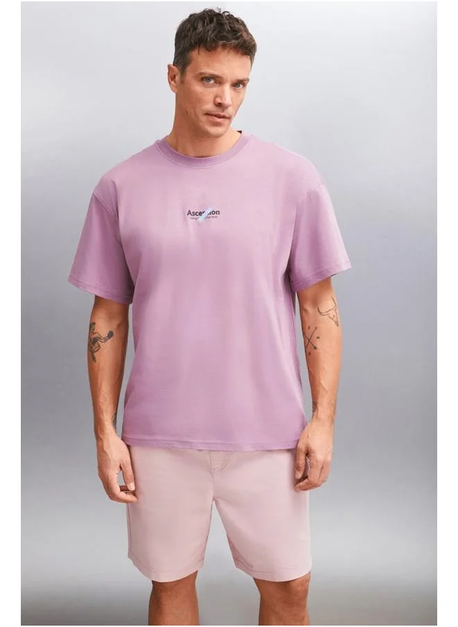 جريميلانج Jake Men's 100% Organic Cotton Heavy Texture Printed Detail Oversize Plum T-Shirt