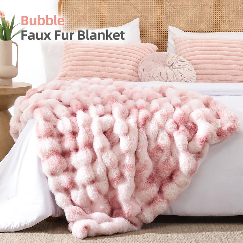 Smoofy Faux Fur Throw Blanket for Couch Rabbit Fleece - Tie-dye Pink Fluffy Blanket for Sofa Bedroom Living Room, Cozy Soft Plush Luxury Thick Winter Fuzzy Comfy Bubble Blanket - 60" x 80" - Image 2
