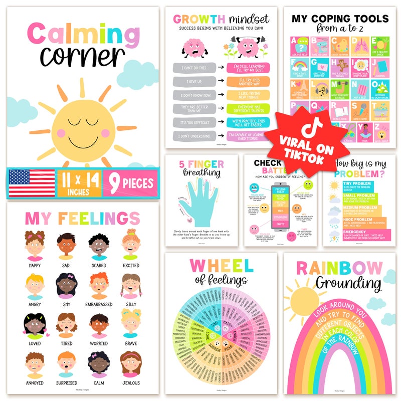 Hadley Designs 9 Calming Corner Posters for Classroom Decor - Feelings Chart for Kids, School Counselor Office Decor, Sensory Calm Down Corner Items Kids, Pastel Homeschool & Daycare Emotions Chart - Image 1