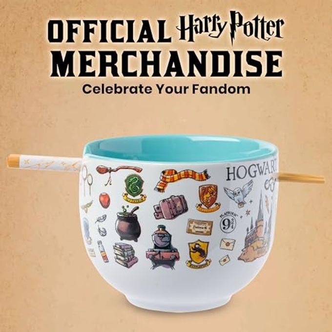 Silver Buffalo Harry Potter Icons Ceramic Ramen Noodle Rice Bowl with Chopsticks, Microwave Safe, 20 Ounces - Image 2