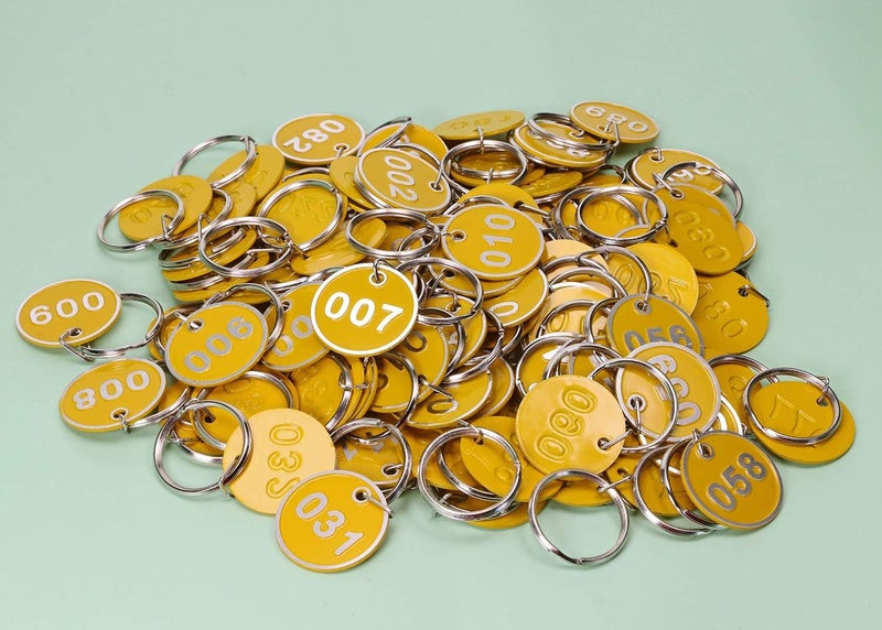 ONLYKXY 1-100 علامات تعليق معدنية ألومنيوم ملونة وقوية مرقمة للتعريف، بطاقات أمتعة مع حلقات منفصلة لنظام خزائن المفاتيح المنظمة (أصفر) - Image 3