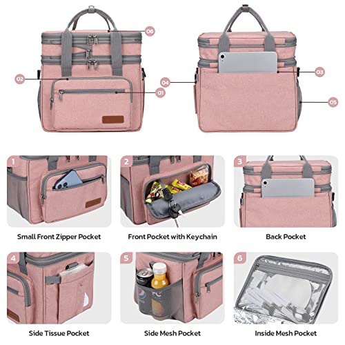 Maelstrom Lunch Bag Women,23L Insulated Lunch Box for Men Women,Expandable Double Deck Lunch Cooler Bag,Lightweight Leakproof Lunch Tote Bag with Side Tissue Pocket,Pink - Image 3
