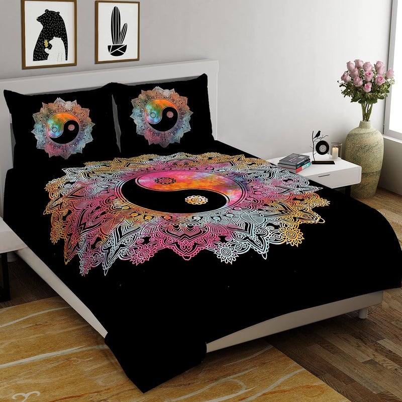 BedZone 100 Cotton Rajasthani Jaipuri Traditional King Size Double Bed Bedsheet with 2 Pillow Covers Black and White Home Luck Success Design for Home Decor Decoration - Image 1