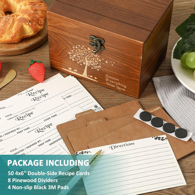 CypherX Vintage Recipe Box, Wooden Recipe Cards and Box Set, Recipe Organizer w/ 50 Blank Cards and 8 Wood Dividers, Perfect Housewarming, Bridal Shower Gift, Vintage Brown - Image 4