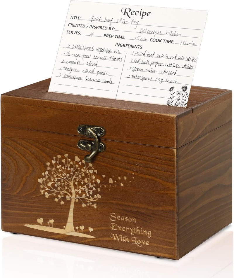 CypherX Vintage Recipe Box, Wooden Recipe Cards and Box Set, Recipe Organizer w/ 50 Blank Cards and 8 Wood Dividers, Perfect Housewarming, Bridal Shower Gift, Vintage Brown - Image 1