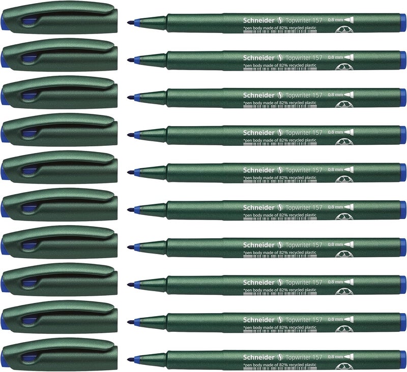 شنايدر قلم حبر جاف توب رايتر 157 برأس ليفي، 8 مم، أسطوانة خضراء، حبر أزرق، علبة من 10 قطع (115703) - Image 1