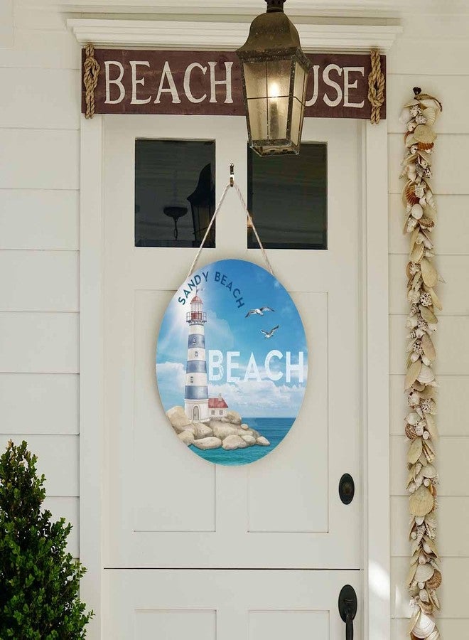 Beabes Welcome Sign Wooden Wreath Watercolor Sea Lighthouse for Front Door Wall Window Festival Farmhouse Porch Patio Garden Decor,12in - Image 5