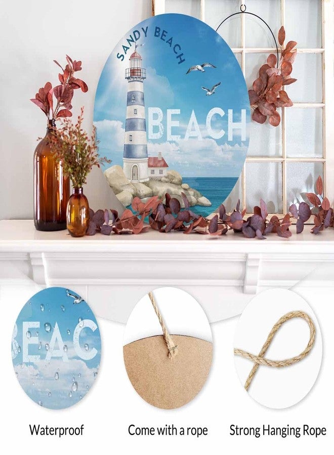 Beabes Welcome Sign Wooden Wreath Watercolor Sea Lighthouse for Front Door Wall Window Festival Farmhouse Porch Patio Garden Decor,12in - Image 3