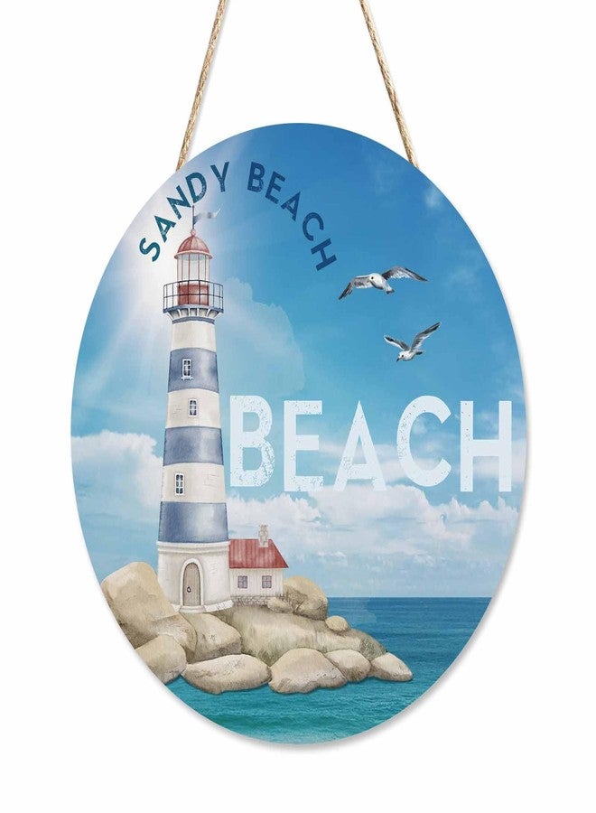 Beabes Welcome Sign Wooden Wreath Watercolor Sea Lighthouse for Front Door Wall Window Festival Farmhouse Porch Patio Garden Decor,12in - Image 1