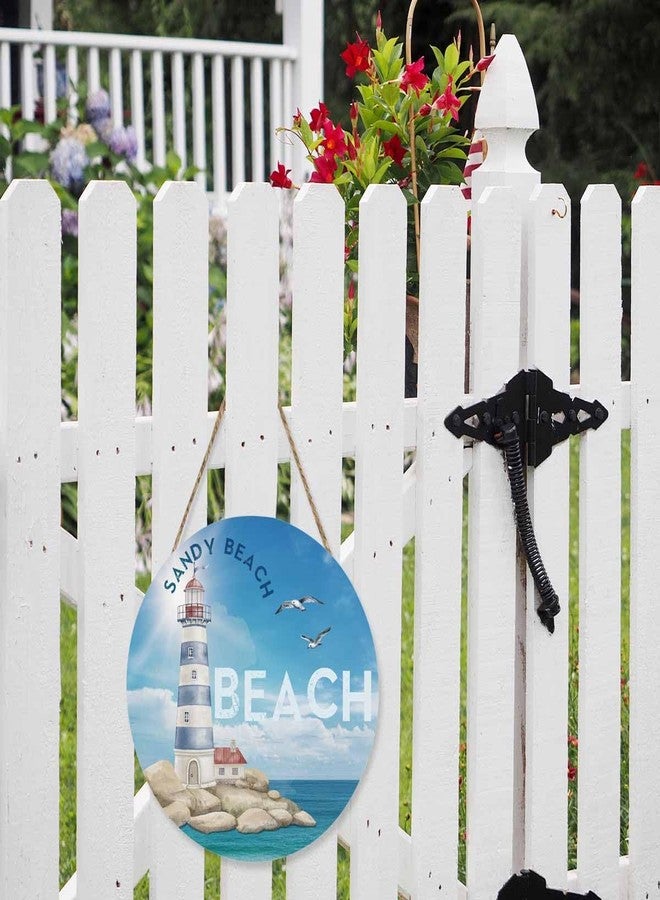 Beabes Welcome Sign Wooden Wreath Watercolor Sea Lighthouse for Front Door Wall Window Festival Farmhouse Porch Patio Garden Decor,12in - Image 4