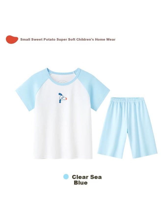 Potatokids Children's Home Wear Set Spring And Summer Single-sided Moisture-wicking Boys And Girls Pajamas Air-conditioning Clothing Clear Sea Blue 140 - Image 5