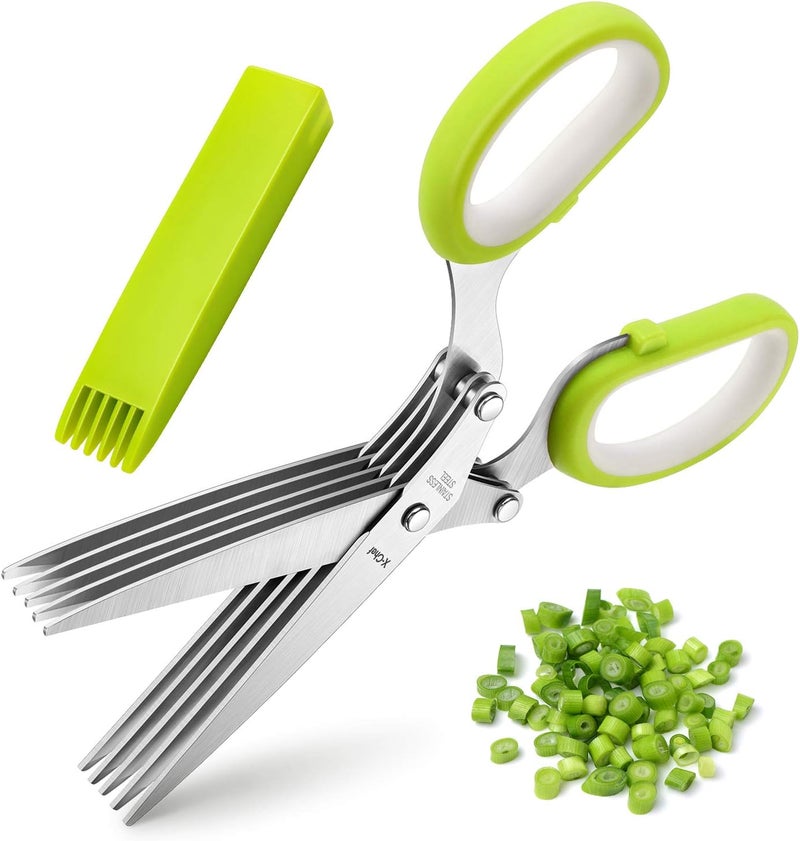 X-Chef Herb Scissors, Multipurpose 5 Blade Kitchen Herb Shears Herb Cutter with Safety Cover and Cleaning Comb for Chopping Basil Chive Parsley (Green) - Image 1