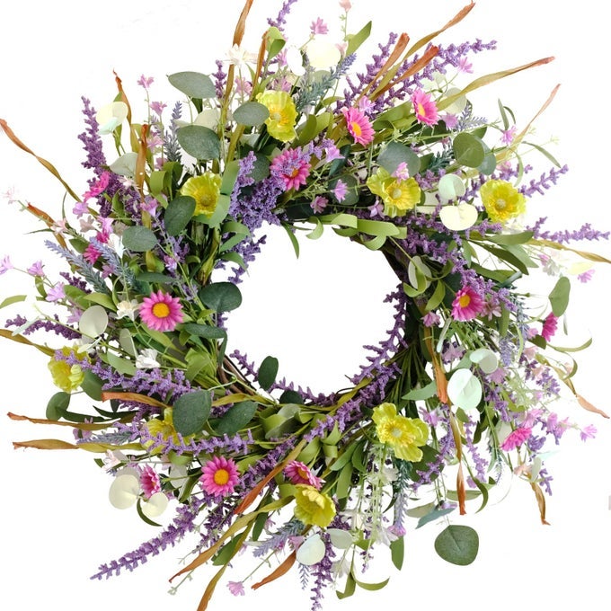 20 INCH SPRING SUMMER WILD FLOWER ARTIFICIAL DAISY FRONT DOOR WREATH EVERYDAY GREENERY EUCALYPTUS LEAVES FOR INDOOR AND OUTDOOR USE RUSTIC FARMHOUSE STYLE HOME WREATH DECOR