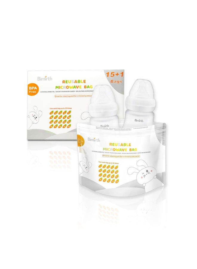 Bimirth Microwave Steam Cleaning Bag Reusable - Double Zip Lock Large & Durable 16 Pack Steaming Bags for Bottles & Breast Pump Parts, Training Cups, Fast Steam up Most Breast Pump Accessories - Image 1