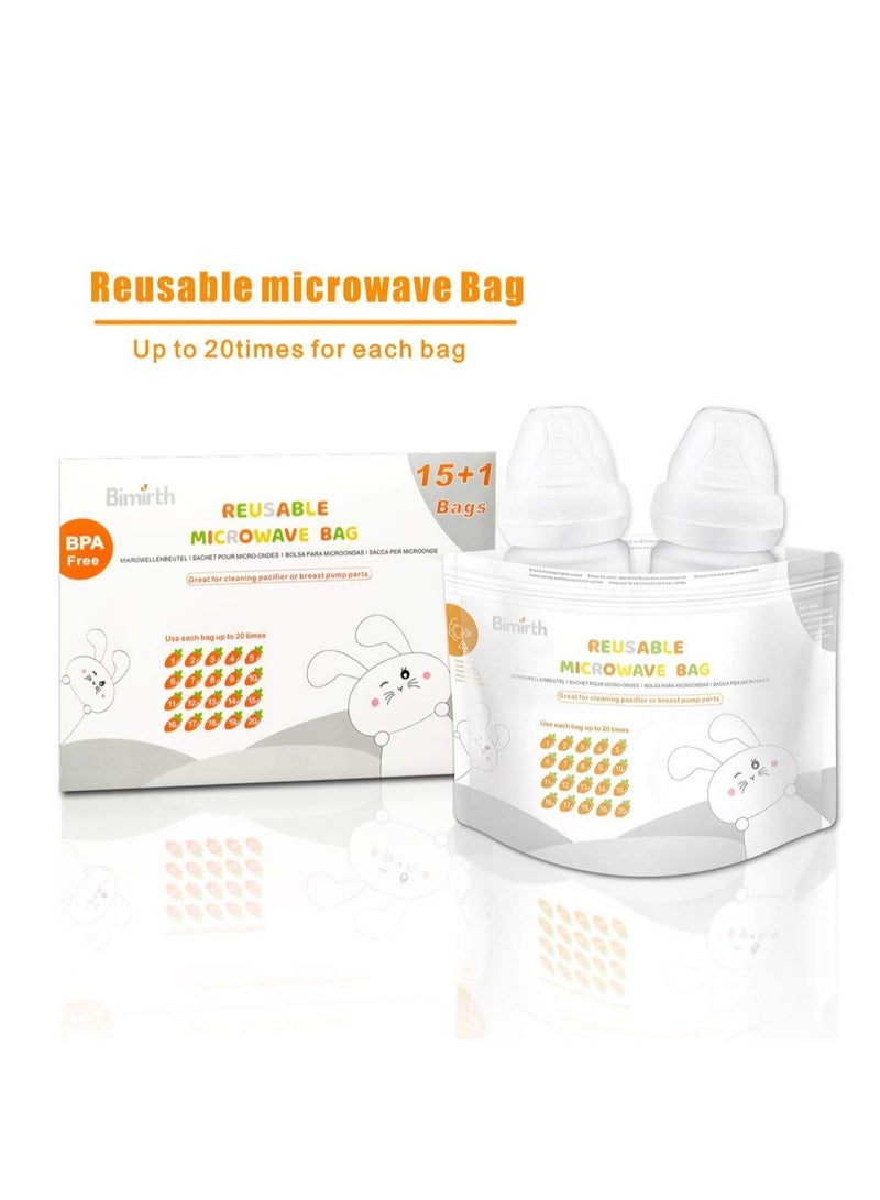 Bimirth Microwave Steam Cleaning Bag Reusable - Double Zip Lock Large & Durable 16 Pack Steaming Bags for Bottles & Breast Pump Parts, Training Cups, Fast Steam up Most Breast Pump Accessories - Image 2