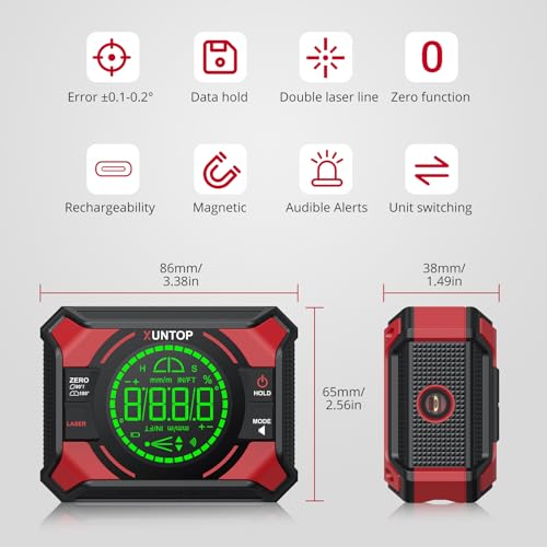 XUNTOP 4x90/2x180°(0.01°) Digital Angle Finder with Dual Laser Digital Angle Gauge with Bottom and Back Magnetic Rechargeable Inclinometer with Digital Level Bubble (Class 2 Laser, <1mW Power Output) - Image 2