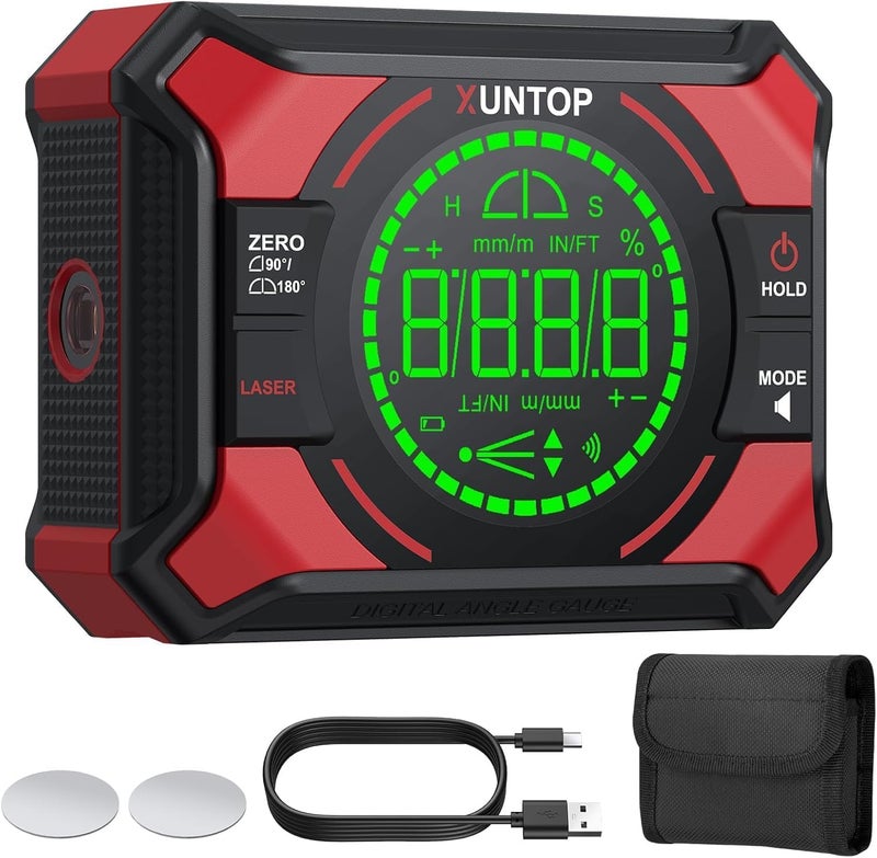 XUNTOP 4x90/2x180°(0.01°) Digital Angle Finder with Dual Laser Digital Angle Gauge with Bottom and Back Magnetic Rechargeable Inclinometer with Digital Level Bubble (Class 2 Laser, <1mW Power Output) - Image 1