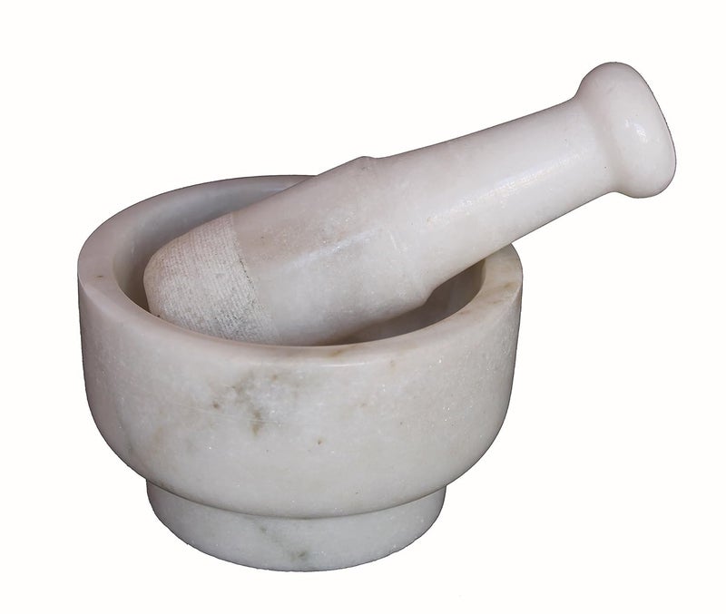 KLEO 5 Diameter White Marble Stone Mortar and Pestle Set as Okhli Musal Kharad Khallad Spice Medicine Grinder Masher - Image 1