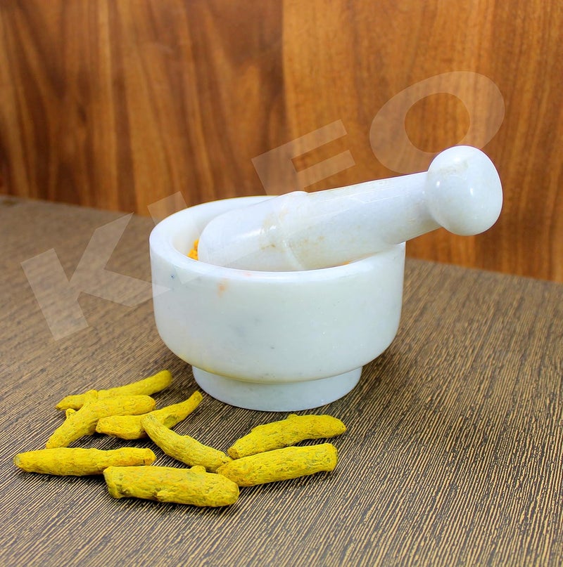 KLEO 5 Diameter White Marble Stone Mortar and Pestle Set as Okhli Musal Kharad Khallad Spice Medicine Grinder Masher - Image 2