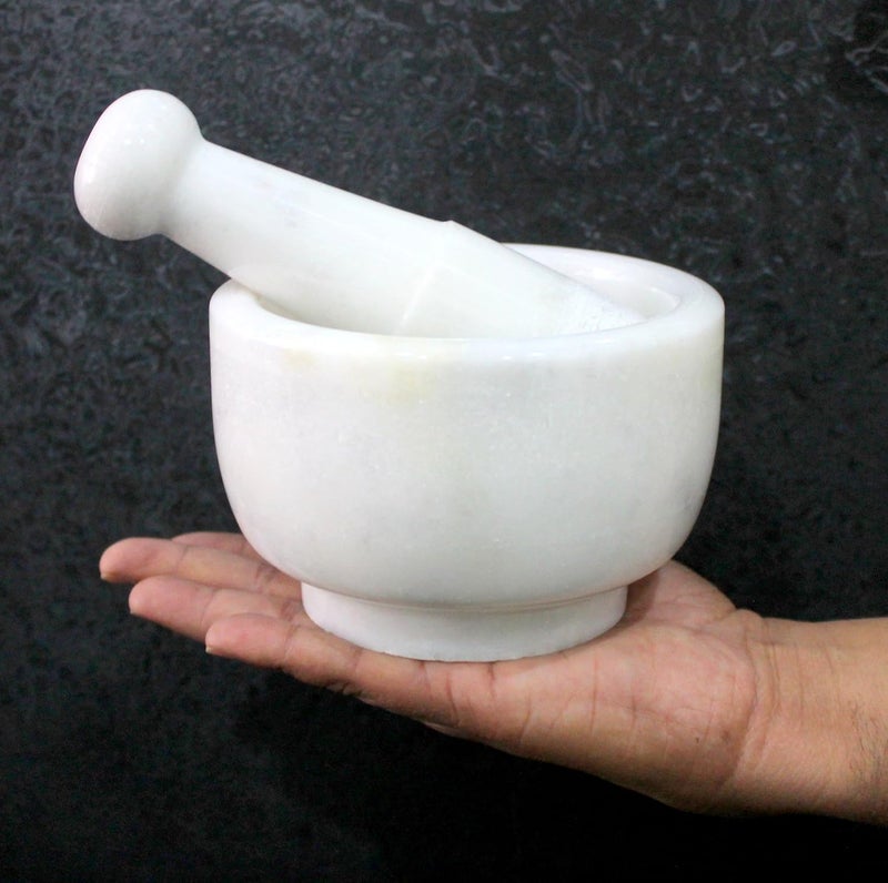 KLEO 5 Diameter White Marble Stone Mortar and Pestle Set as Okhli Musal Kharad Khallad Spice Medicine Grinder Masher - Image 4