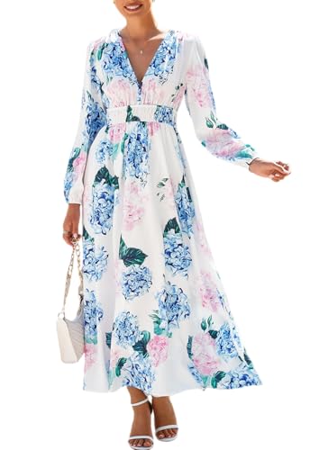 Maxigerui Women's Long Sleeve Floral Maxi Dress Summer Wedding Guest Dress Hydrangea Pink Blue Print M - Image 1
