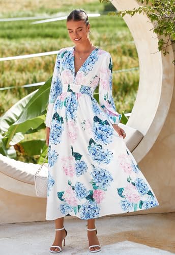Maxigerui Women's Long Sleeve Floral Maxi Dress Summer Wedding Guest Dress Hydrangea Pink Blue Print M - Image 3