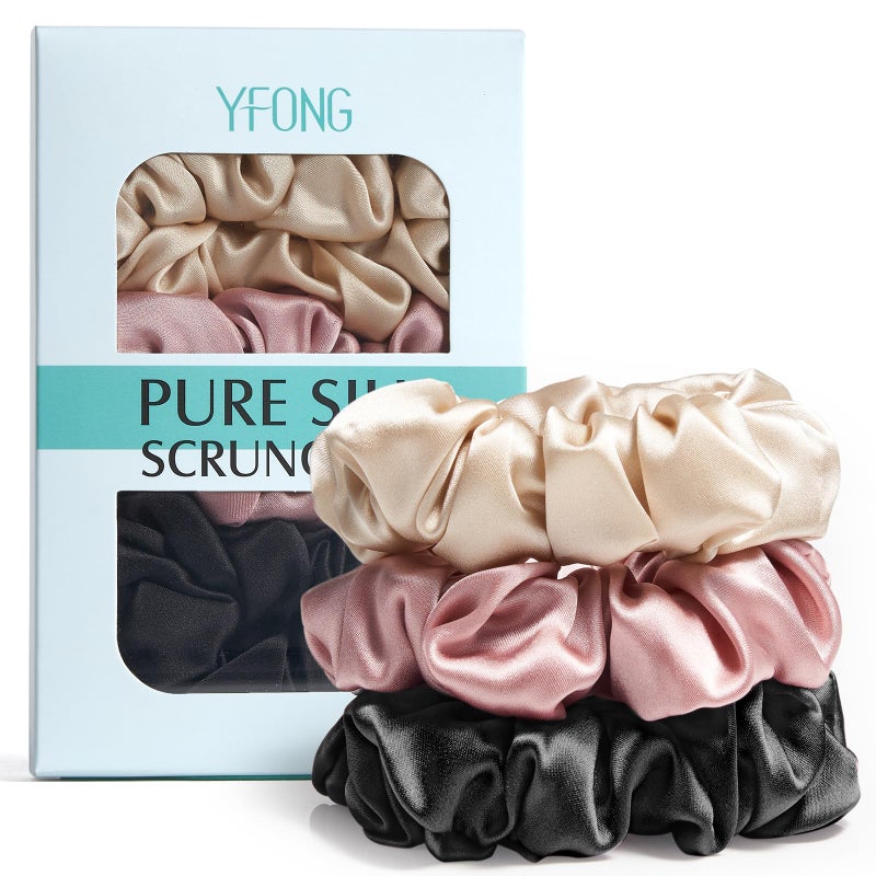 YFONG 3 PCS 100 Mulberry Silk Scrunchies for Women Girls 22 Momme Soft Hair Ties for Frizz  Breakage Prevention Elastic Ponytail Holders Gentle And No hurt PinkBlackChampagne