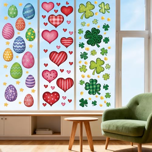Sealmic 9 Sheets Valentines Day Window Clings Set St Patricks Shamrock Window Stickers Easter Egg Windows Decals Red Pink Heart Valentine Decorations for Glass Home Bathroom Office Spring Party Supplies Large - Image 5