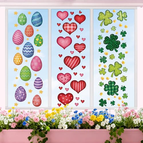 Sealmic 9 Sheets Valentines Day Window Clings Set St Patricks Shamrock Window Stickers Easter Egg Windows Decals Red Pink Heart Valentine Decorations for Glass Home Bathroom Office Spring Party Supplies Large - Image 4