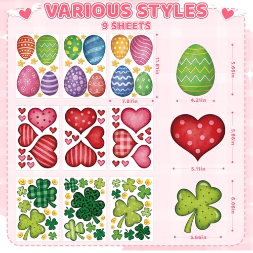 Sealmic 9 Sheets Valentines Day Window Clings Set St Patricks Shamrock Window Stickers Easter Egg Windows Decals Red Pink Heart Valentine Decorations for Glass Home Bathroom Office Spring Party Supplies Large - Image 2