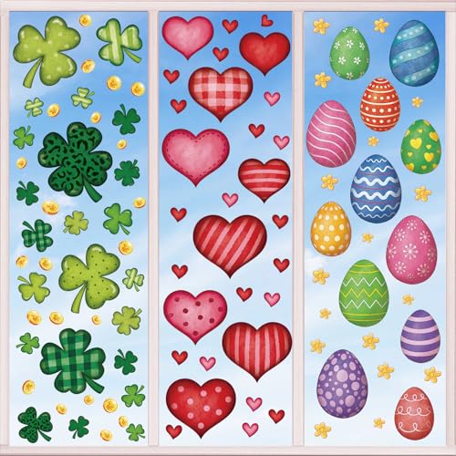 Sealmic 9 Sheets Valentines Day Window Clings Set St Patricks Shamrock Window Stickers Easter Egg Windows Decals Red Pink Heart Valentine Decorations for Glass Home Bathroom Office Spring Party Supplies Large - Image 1