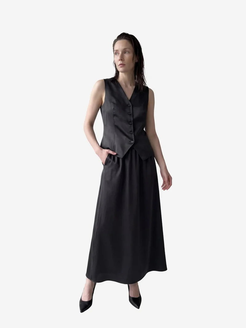 MY FASHION Black MY FASHION V-Neck Vest & Maxi Skirt Satin Two-Piece Set for Women | Best Price UAE
