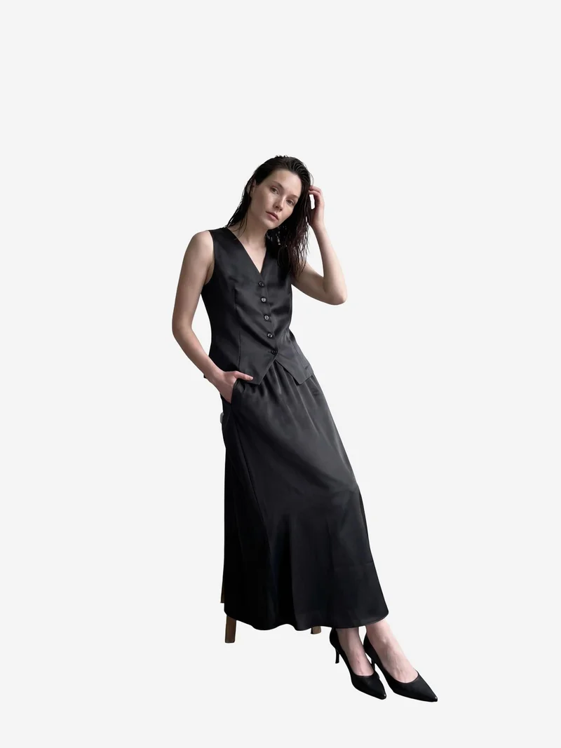 MY FASHION V-Neck Vest & Maxi Skirt Satin Two-Piece Set