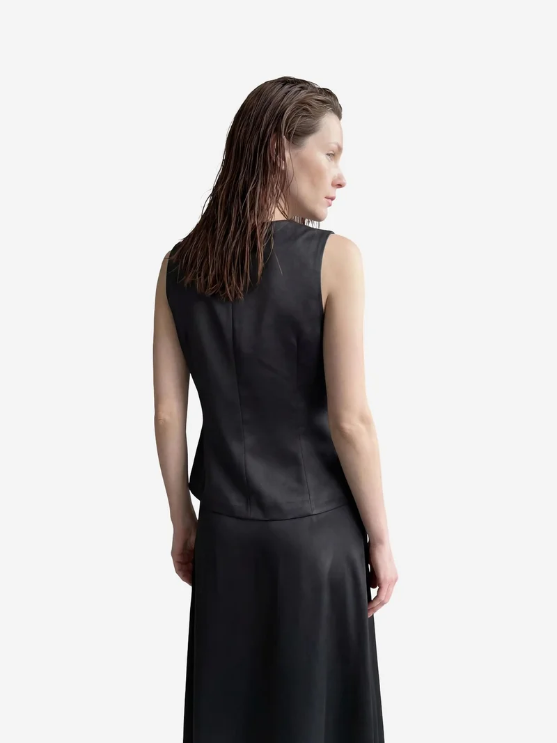 MY FASHION Black MY FASHION V-Neck Vest & Maxi Skirt Satin Two-Piece Set for Women | Best Price UAE