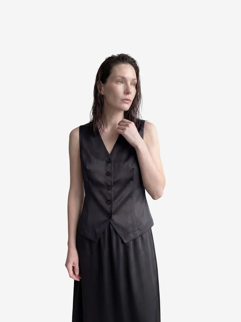 MY FASHION Black MY FASHION V-Neck Vest & Maxi Skirt Satin Two-Piece Set for Women | Best Price UAE