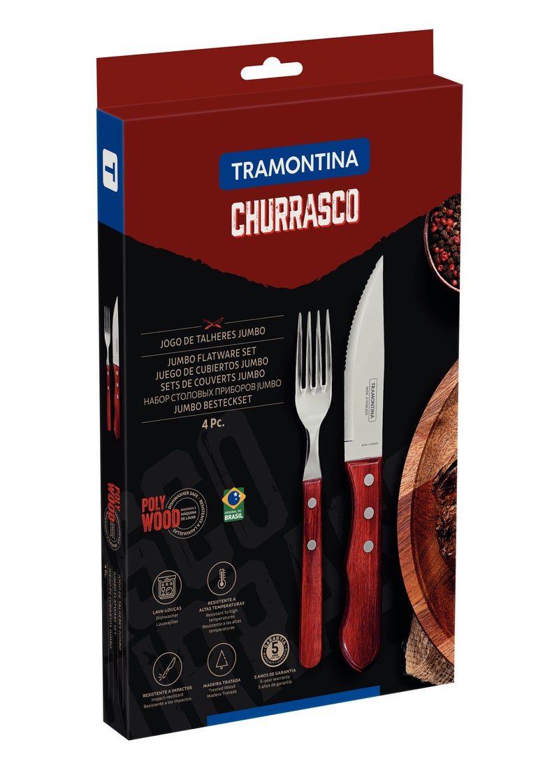 TRAMONTINA - Churrasco 4 Pieces Stainless Steel Jumbo Barbecue Flatware Set with Treated Red Polywood Handles - Image 1