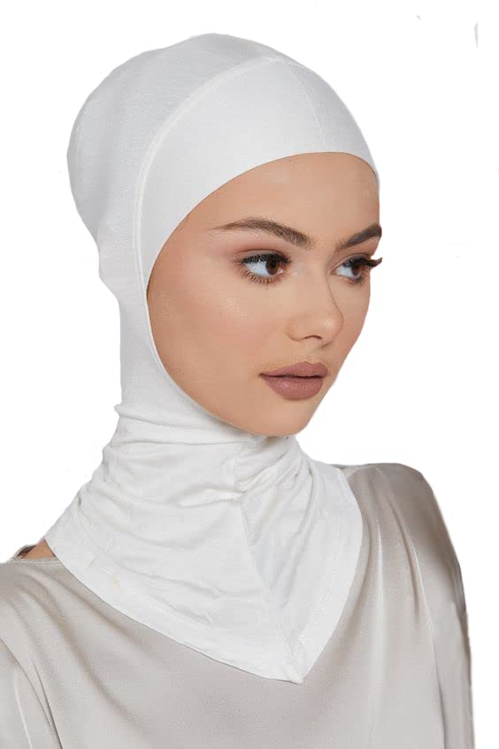 LMVERNA 2 Pieces Modal Hijab Cap Adjustable Muslim Stretchy Turban Full Cover Shawl Undercap Full Neck Coverage for Women (White+Light khaki) - Image 2