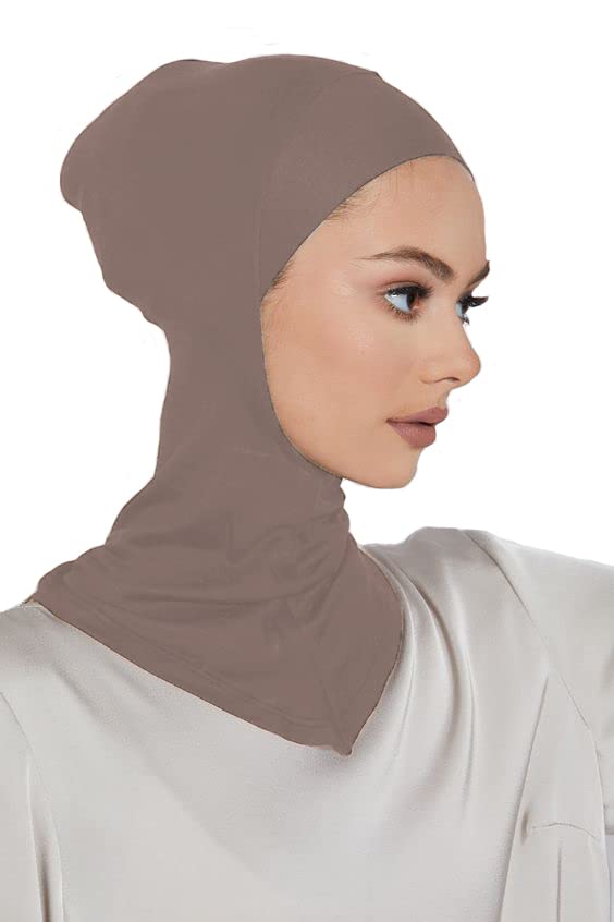 LMVERNA 2 Pieces Modal Hijab Cap Adjustable Muslim Stretchy Turban Full Cover Shawl Undercap Full Neck Coverage for Women (White+Light khaki) - Image 3