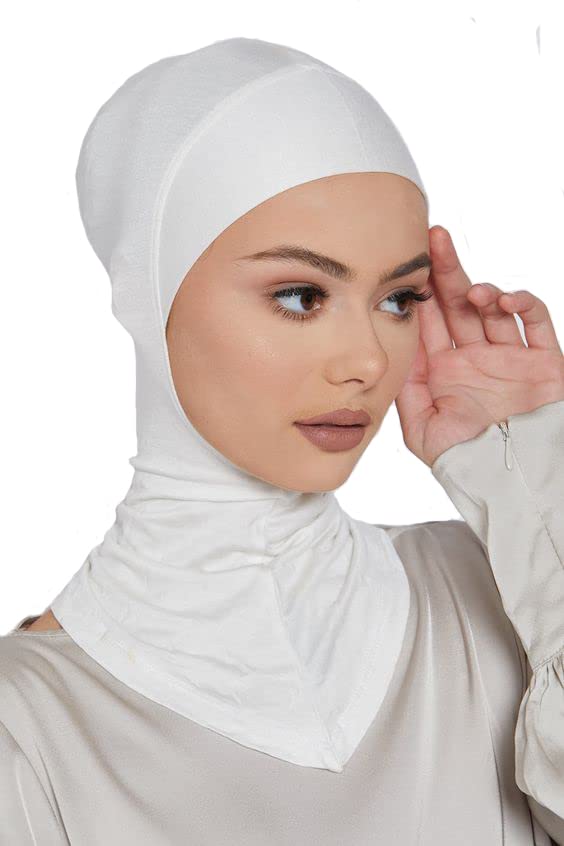 LMVERNA 2 Pieces Modal Hijab Cap Adjustable Muslim Stretchy Turban Full Cover Shawl Undercap Full Neck Coverage for Women (White+Light khaki) - Image 4